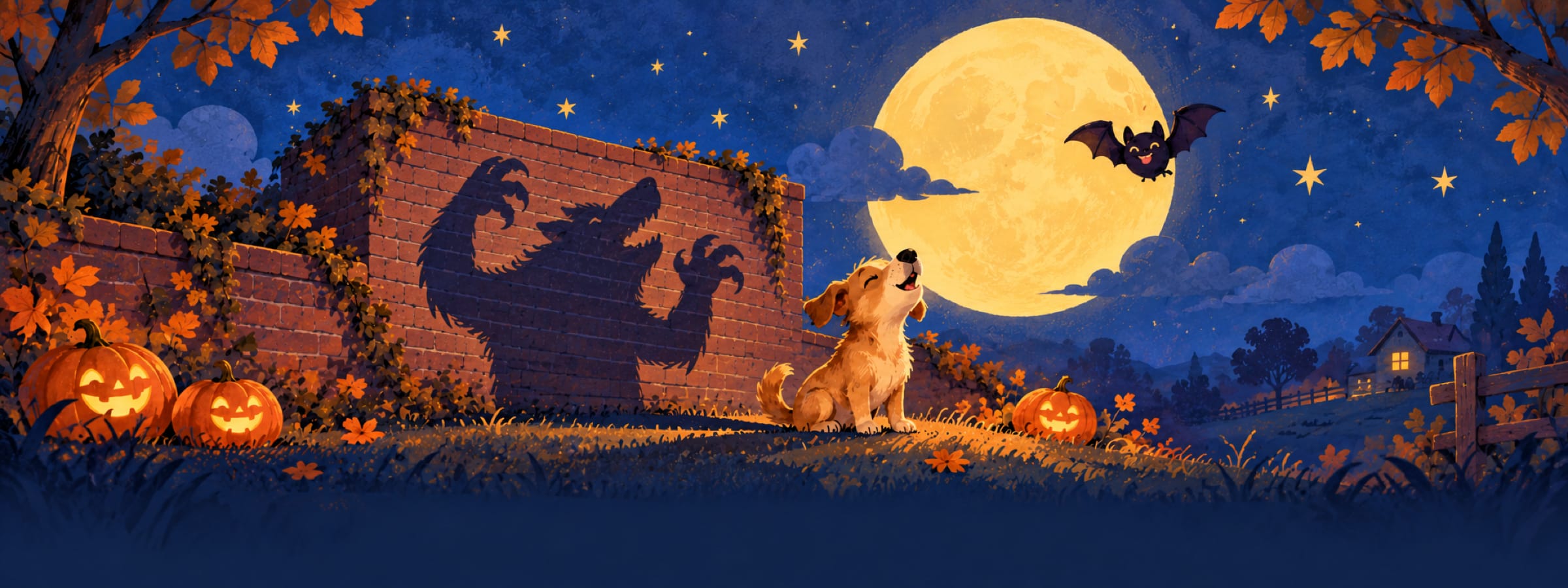 Um cachorro uivando para a lua cheia; a sombra dele no muro parece um lobisomem.